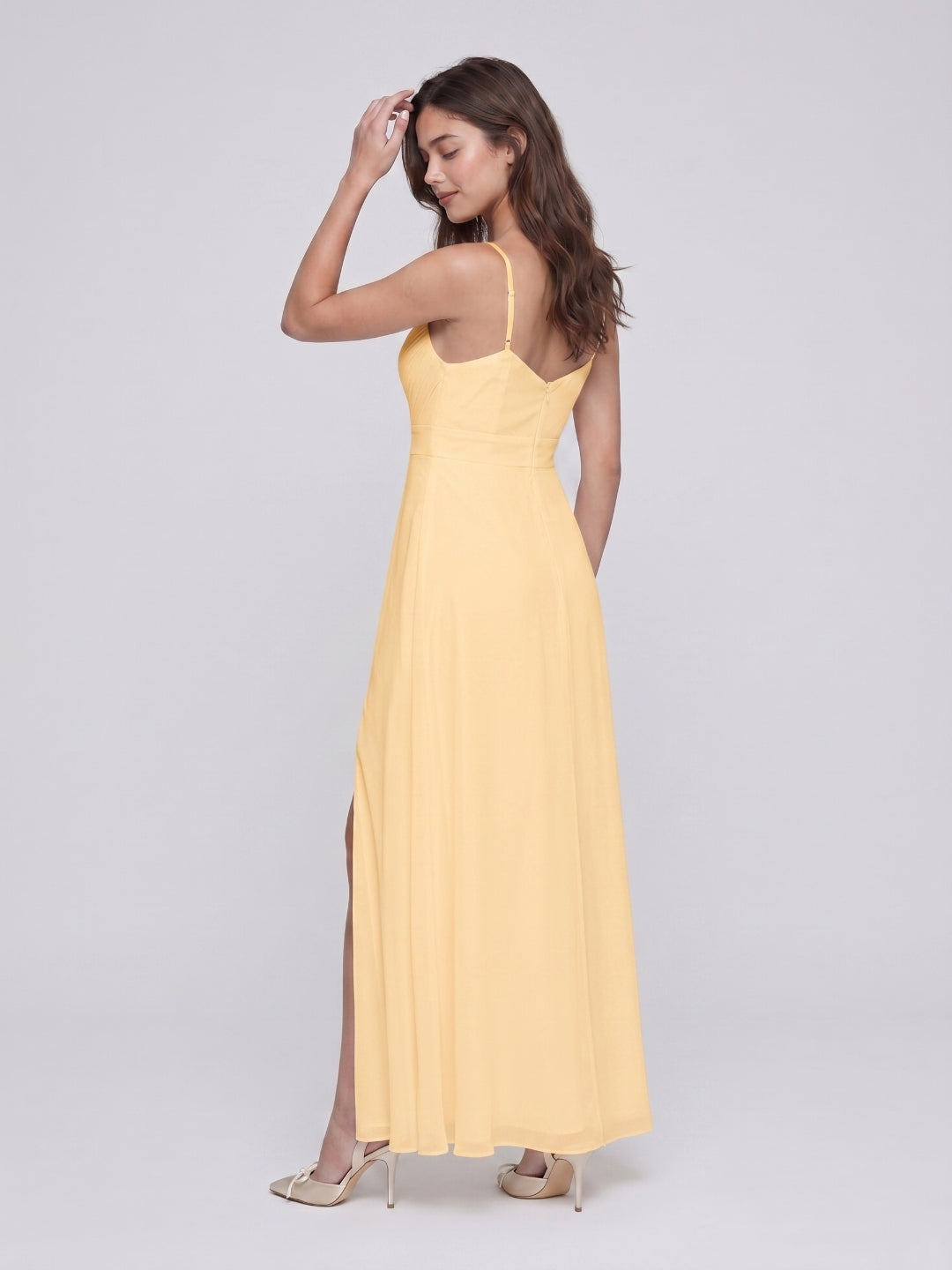 Butter Chiffon A-Line V-Neck V-Back Floor-Length Bridesmaid Dress with Pleating - Curvevia