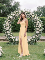 Butter Chiffon A-Line V-Neck V-Back Floor-Length Bridesmaid Dress with Pleating - Curvevia