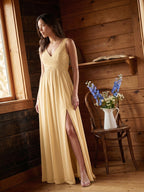 Butter Chiffon A-Line V-Neck V-Back Floor-Length Bridesmaid Dress with Pleating - Curvevia