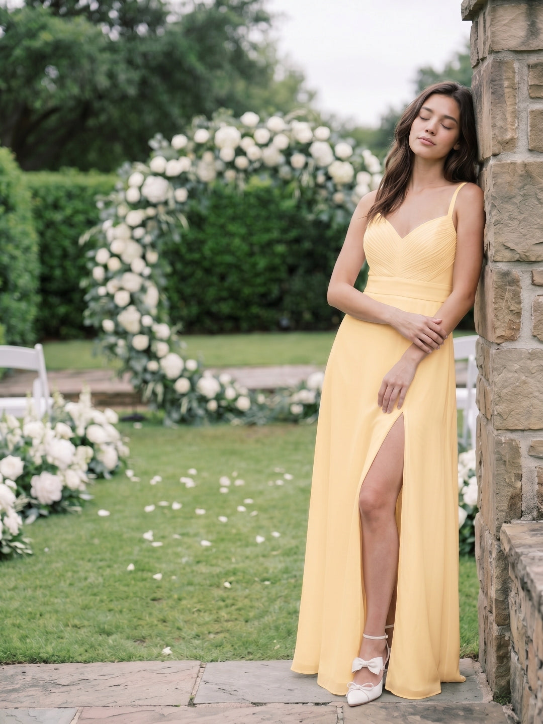 Butter Chiffon A-Line V-Neck V-Back Floor-Length Bridesmaid Dress with Pleating - Curvevia