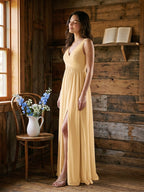 Butter Chiffon A-Line V-Neck V-Back Floor-Length Bridesmaid Dress with Pleating - Curvevia