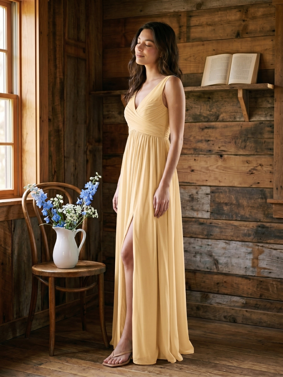 Butter Chiffon A-Line V-Neck V-Back Floor-Length Bridesmaid Dress with Pleating - Curvevia