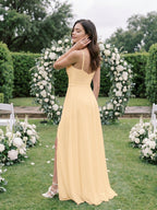 Butter Chiffon A-Line V-Neck V-Back Floor-Length Bridesmaid Dress with Pleating - Curvevia