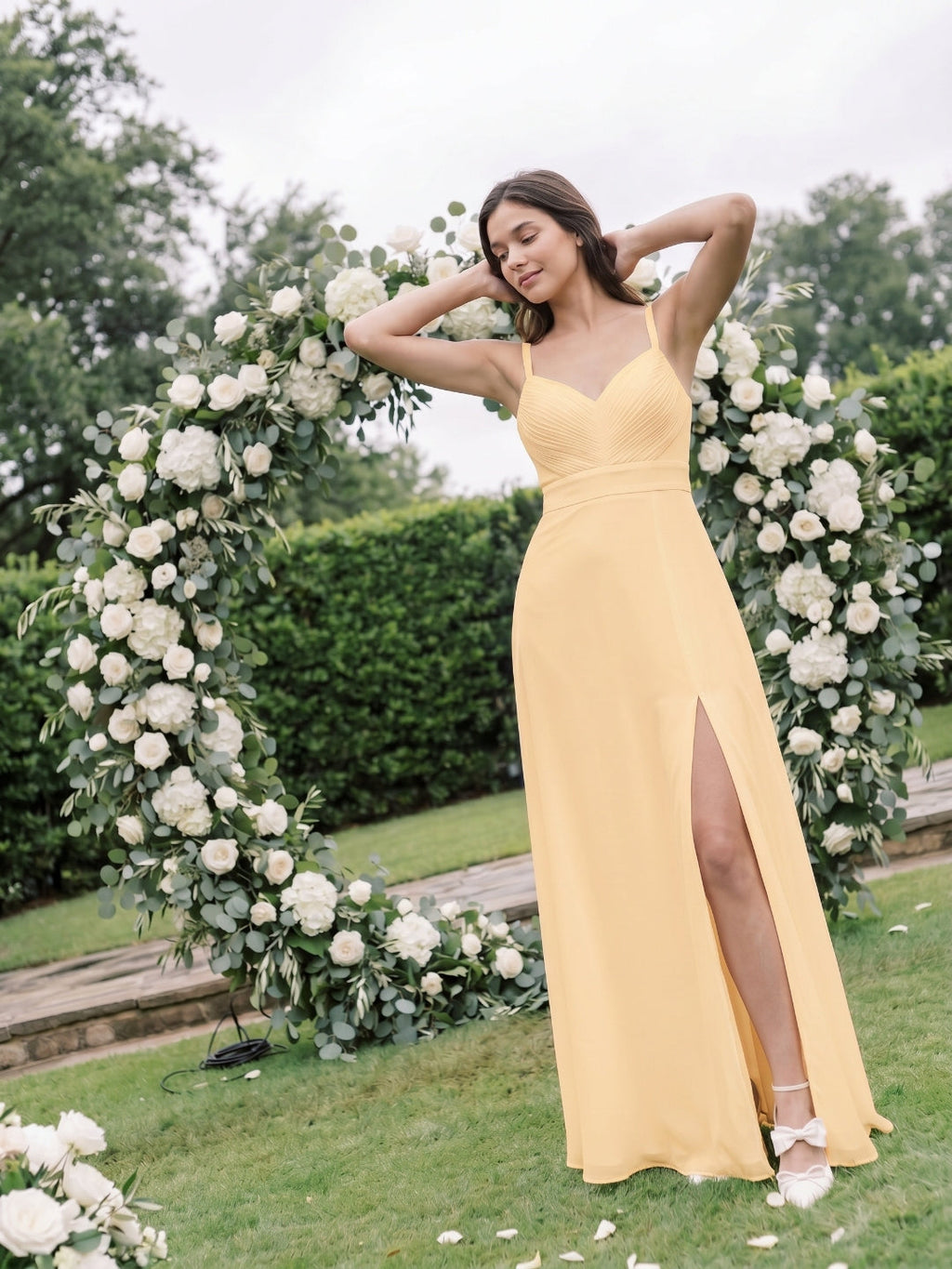 Butter Chiffon A-Line V-Neck V-Back Floor-Length Bridesmaid Dress with Pleating - Curvevia