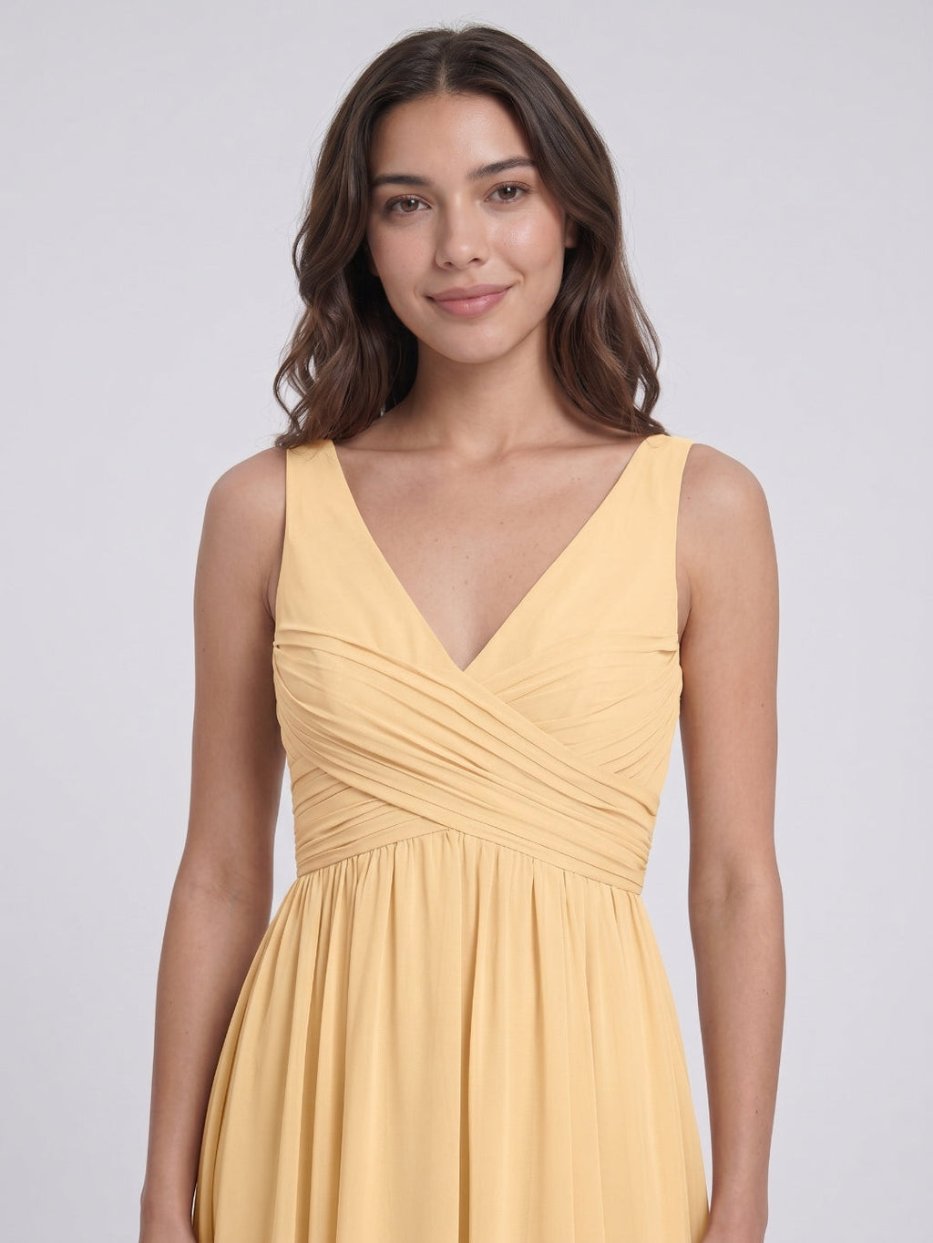 Butter Chiffon A-Line V-Neck V-Back Floor-Length Bridesmaid Dress with Pleating - Curvevia