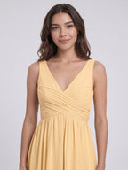 Butter Chiffon A-Line V-Neck V-Back Floor-Length Bridesmaid Dress with Pleating - Curvevia