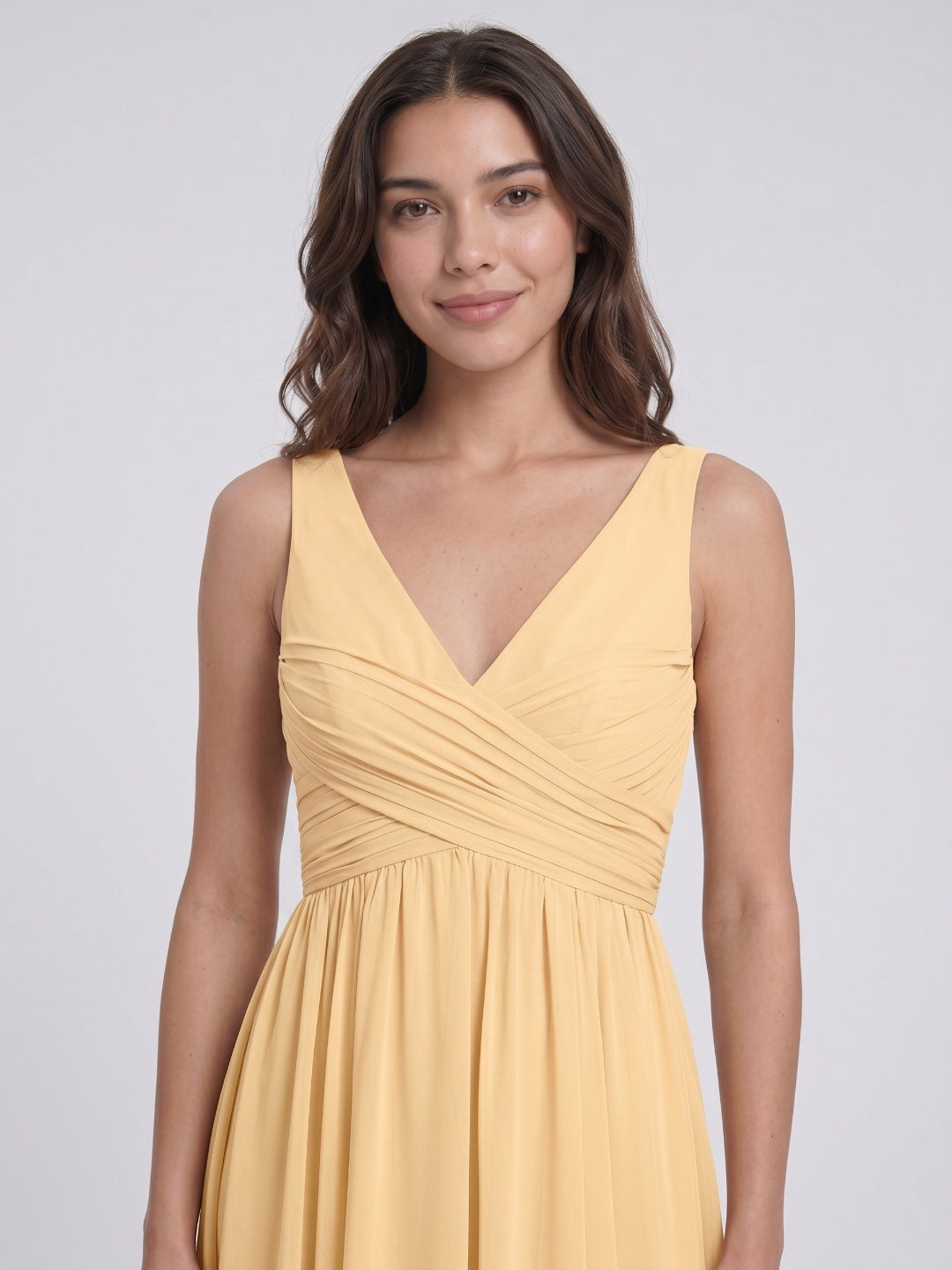 Butter Chiffon A-Line V-Neck V-Back Floor-Length Bridesmaid Dress with Pleating - Curvevia