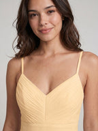 Butter Chiffon A-Line V-Neck V-Back Floor-Length Bridesmaid Dress with Pleating - Curvevia