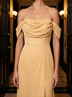 Butter Chiffon Sheath Off-the-Shoulder Backless Floor-Length Bridesmaid Dress with Pleating - Curvevia
