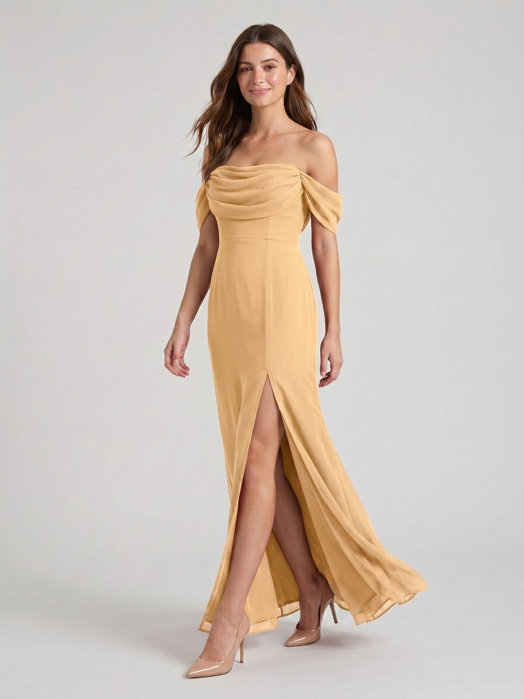 Butter Chiffon Sheath Off-the-Shoulder Backless Floor-Length Bridesmaid Dress with Pleating - Curvevia