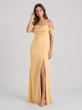 Butter Chiffon Sheath Off-the-Shoulder Backless Floor-Length Bridesmaid Dress with Pleating - Curvevia