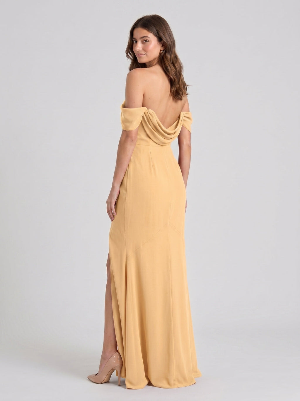 Butter Chiffon Sheath Off-the-Shoulder Backless Floor-Length Bridesmaid Dress with Pleating - Curvevia