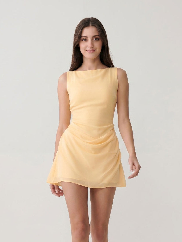 Butter Chiffon Sheath Scoop Neck Side Zip Short Birthday Dress with Pleating - Curvevia