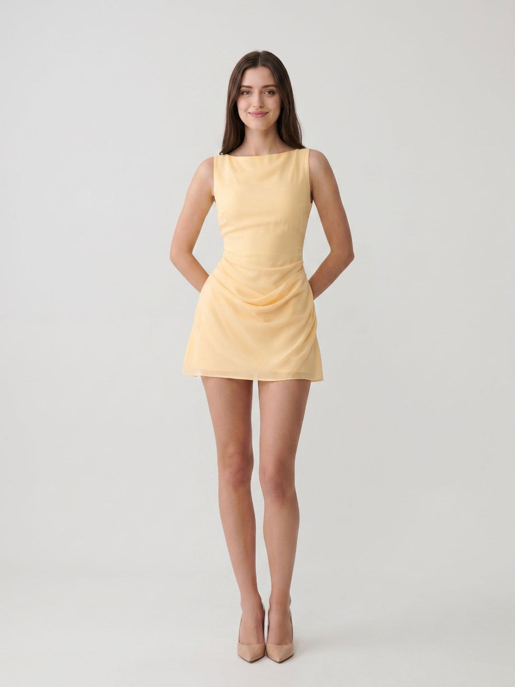 Butter Chiffon Sheath Scoop Neck Side Zip Short Birthday Dress with Pleating - Curvevia