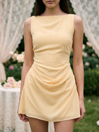 Butter Chiffon Sheath Scoop Neck Side Zip Short Birthday Dress with Pleating - Curvevia