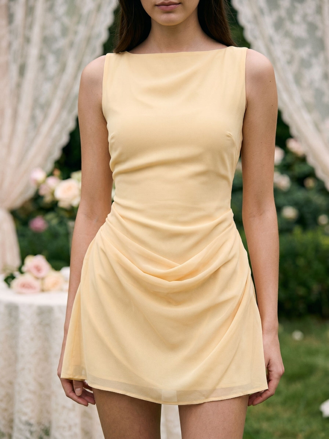 Butter Chiffon Sheath Scoop Neck Side Zip Short Birthday Dress with Pleating - Curvevia