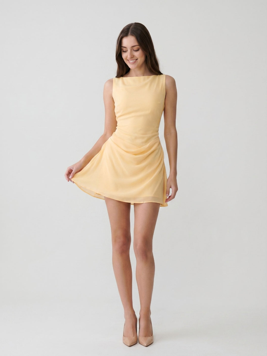 Butter Chiffon Sheath Scoop Neck Side Zip Short Birthday Dress with Pleating - Curvevia