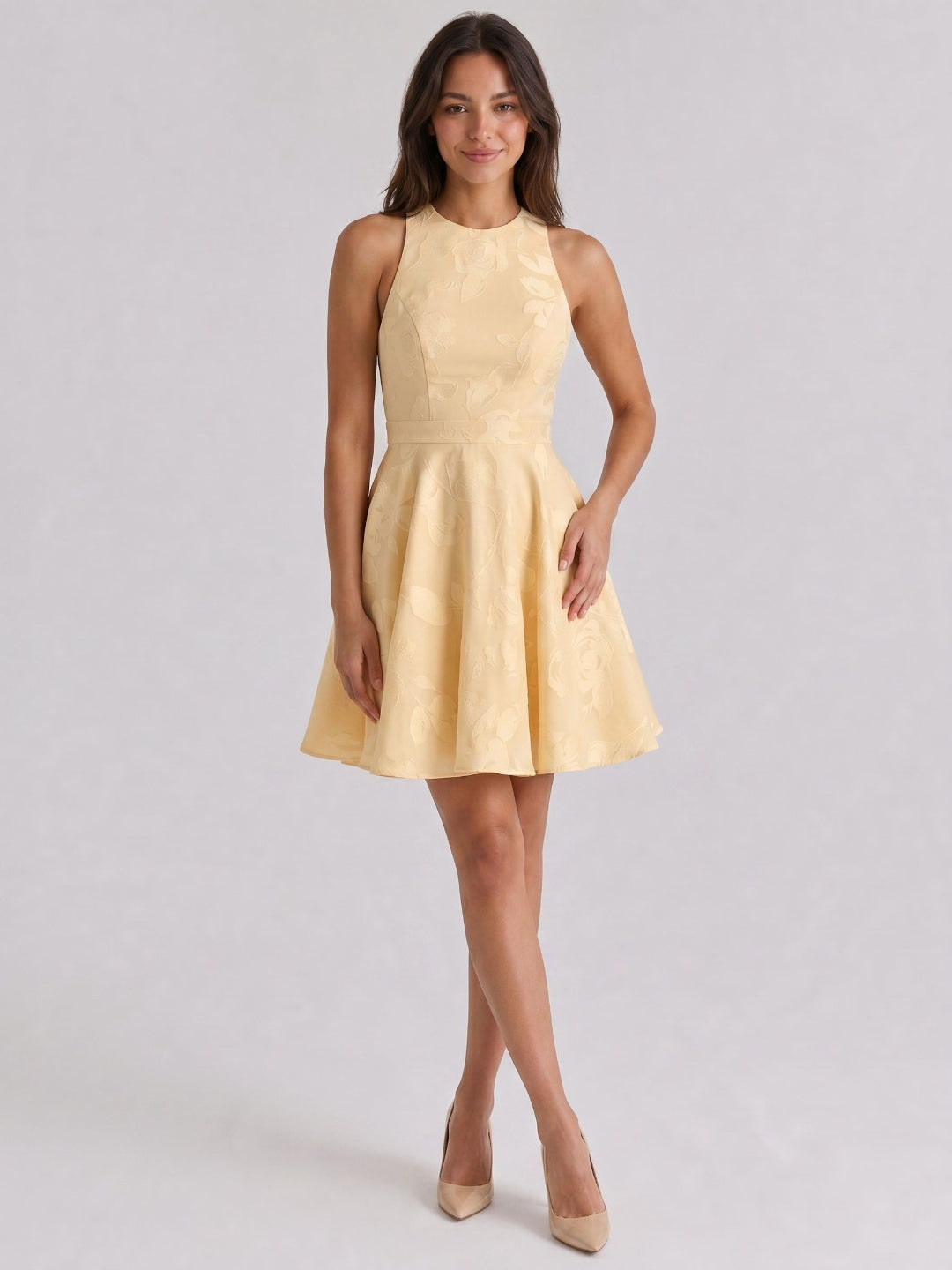Butter Jacquard A-Line Scoop Neck Backless Short Dress with Bow - Curvevia