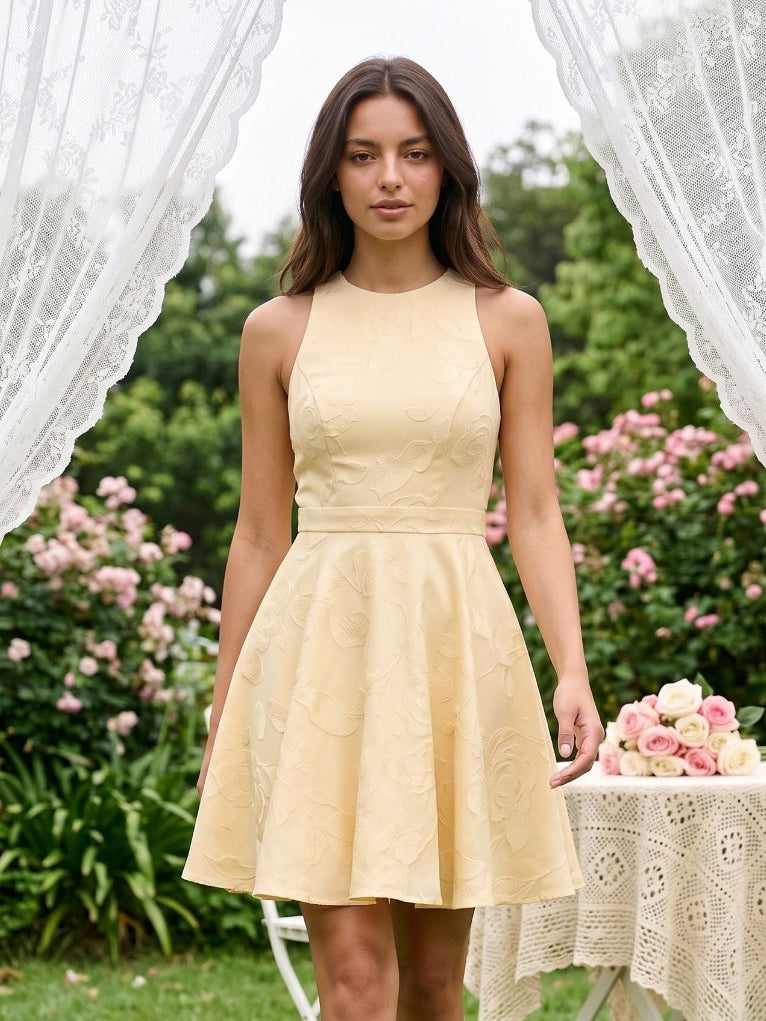 Butter Jacquard A-Line Scoop Neck Backless Short Dress with Bow - Curvevia