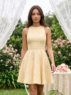 Butter Jacquard A-Line Scoop Neck Backless Short Dress with Bow - Curvevia