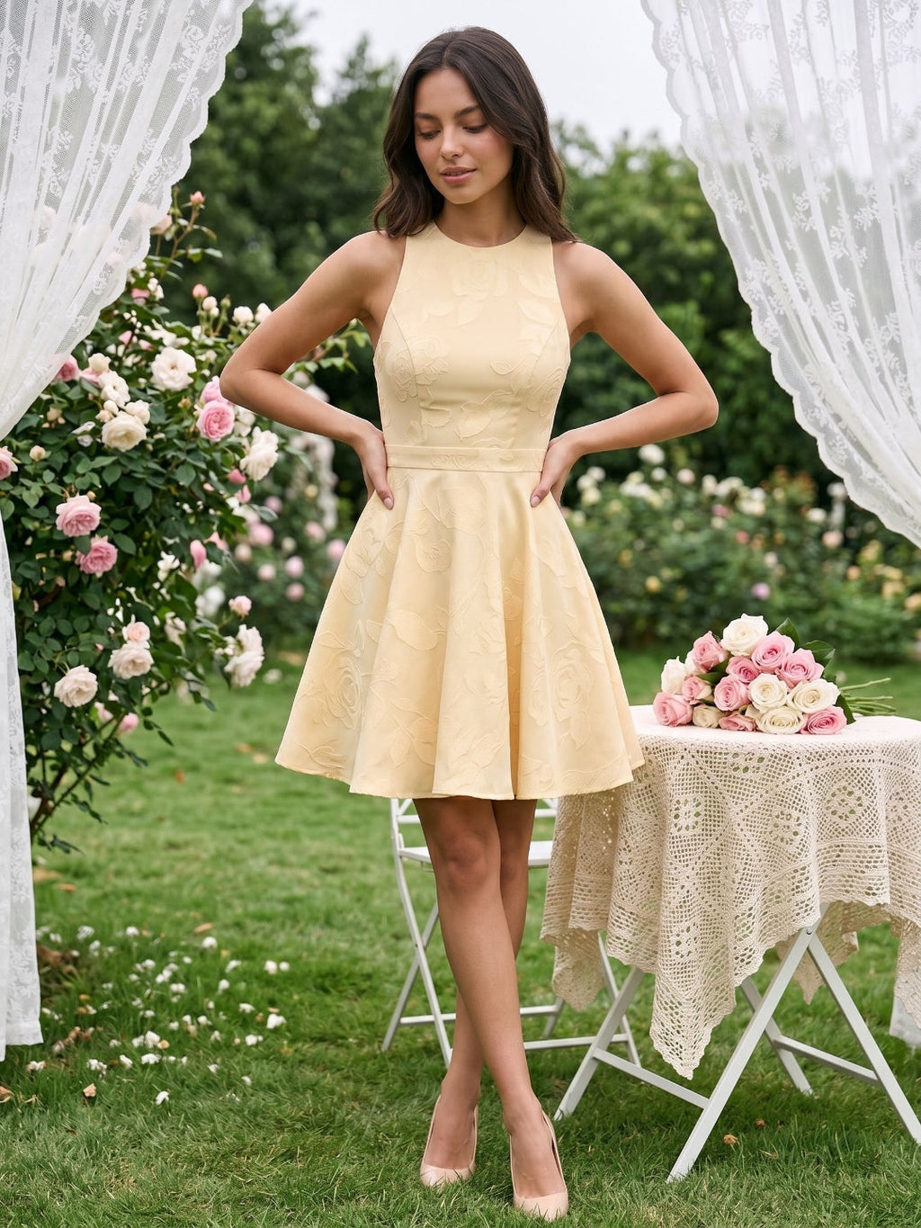 Butter Jacquard A-Line Scoop Neck Backless Short Dress with Bow - Curvevia