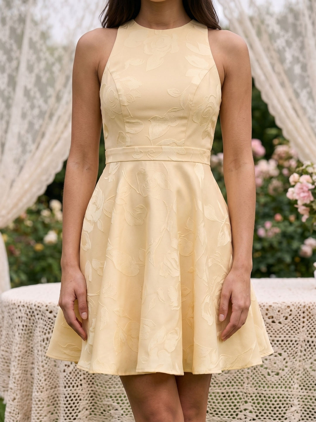 Butter Jacquard A-Line Scoop Neck Backless Short Dress with Bow - Curvevia