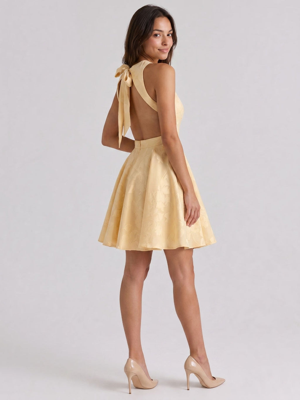 Butter Jacquard A-Line Scoop Neck Backless Short Dress with Bow - Curvevia