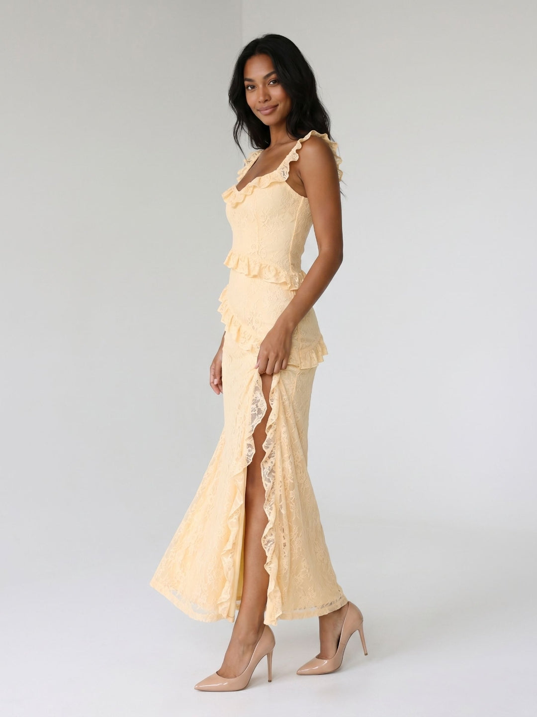 Butter Lace Sheath Square Neck Floor-Length Evening Dress - Curvevia
