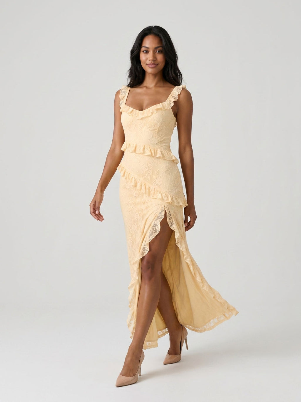 Butter Lace Sheath Square Neck Floor-Length Evening Dress - Curvevia