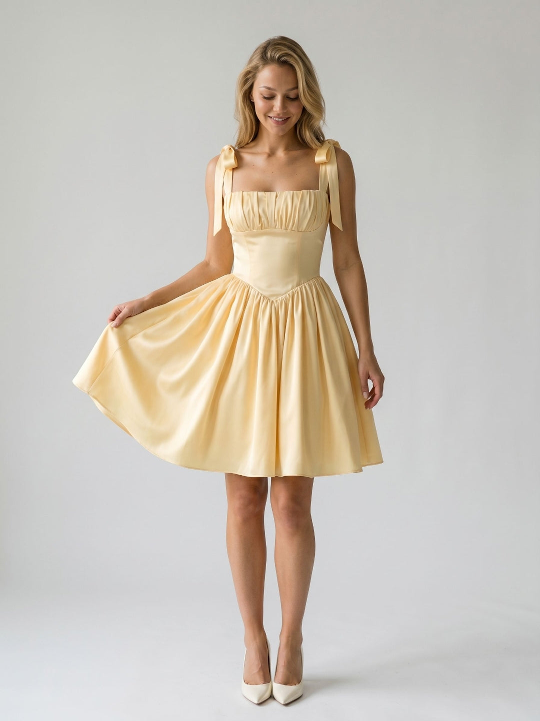 Butter Matte Satin A-Line Square Neck Backless Short Homecoming Dress with Pleating - Curvevia