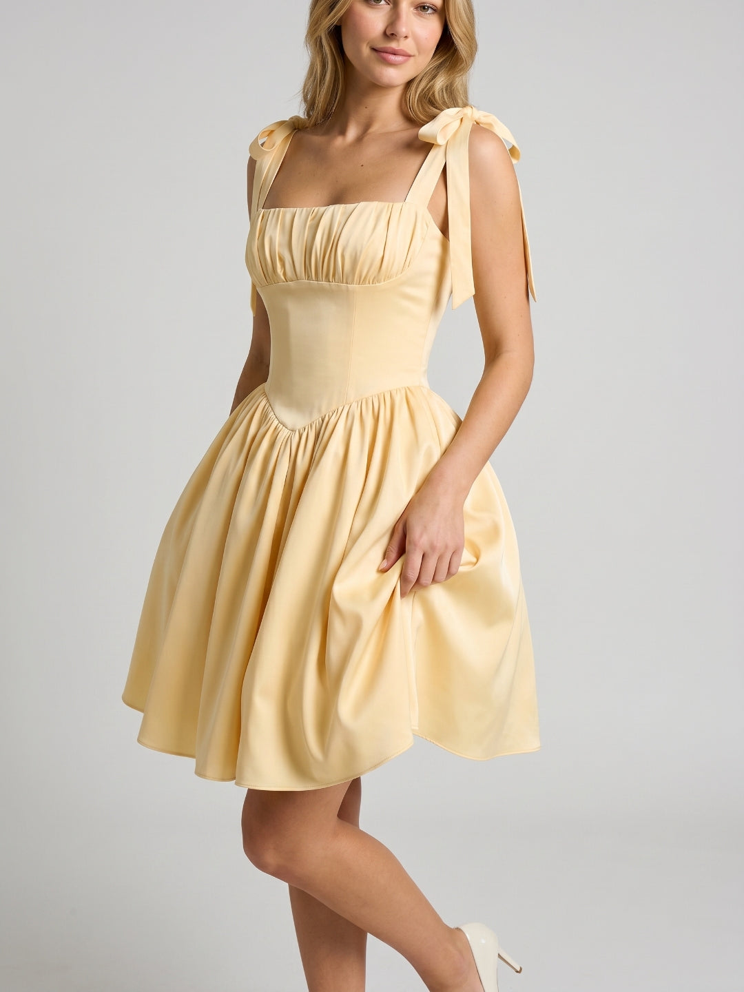 Butter Matte Satin A-Line Square Neck Backless Short Homecoming Dress with Pleating - Curvevia