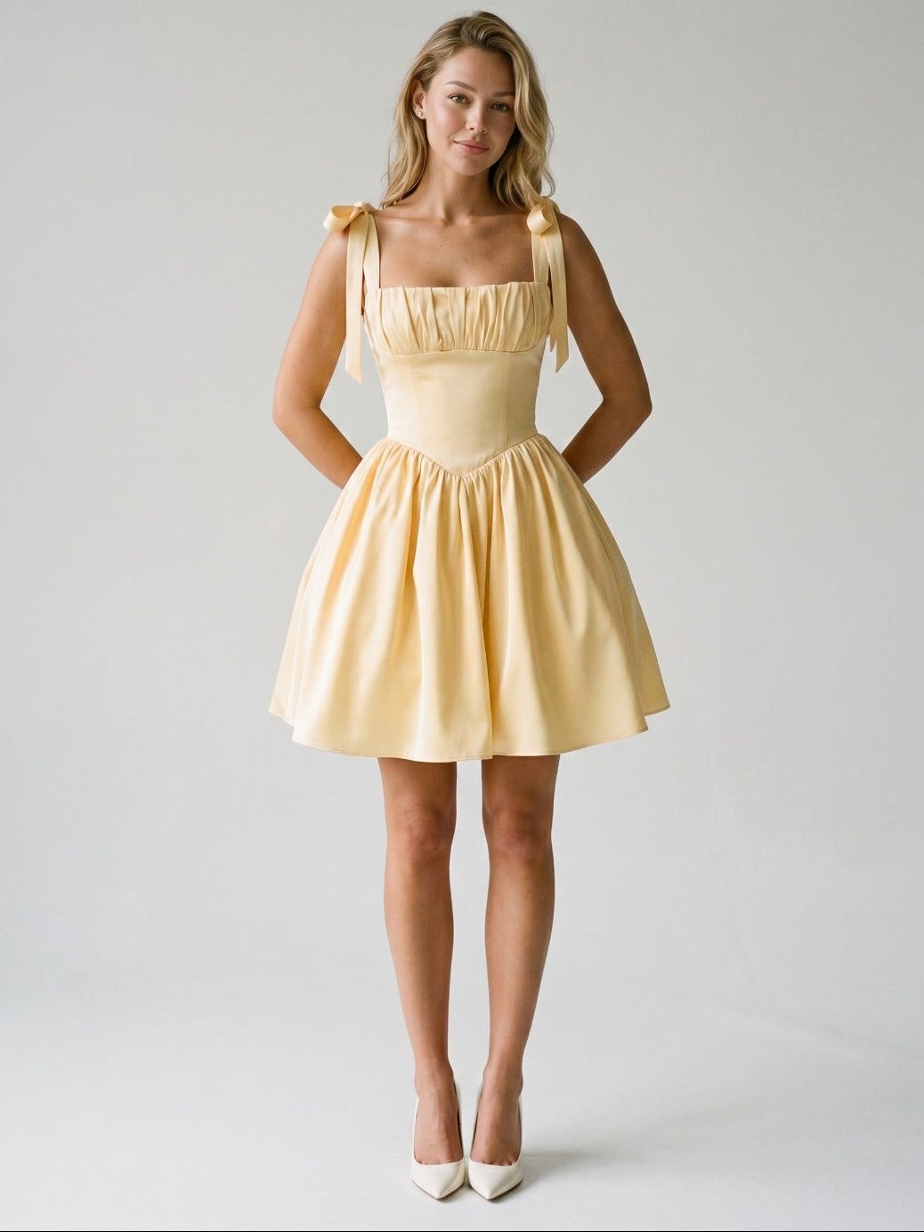 Butter Matte Satin A-Line Square Neck Backless Short Homecoming Dress with Pleating - Curvevia