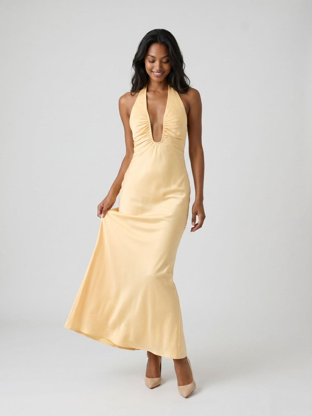 Butter Matte Satin Sheath V-Neck Backless Floor-Length Dress - Curvevia