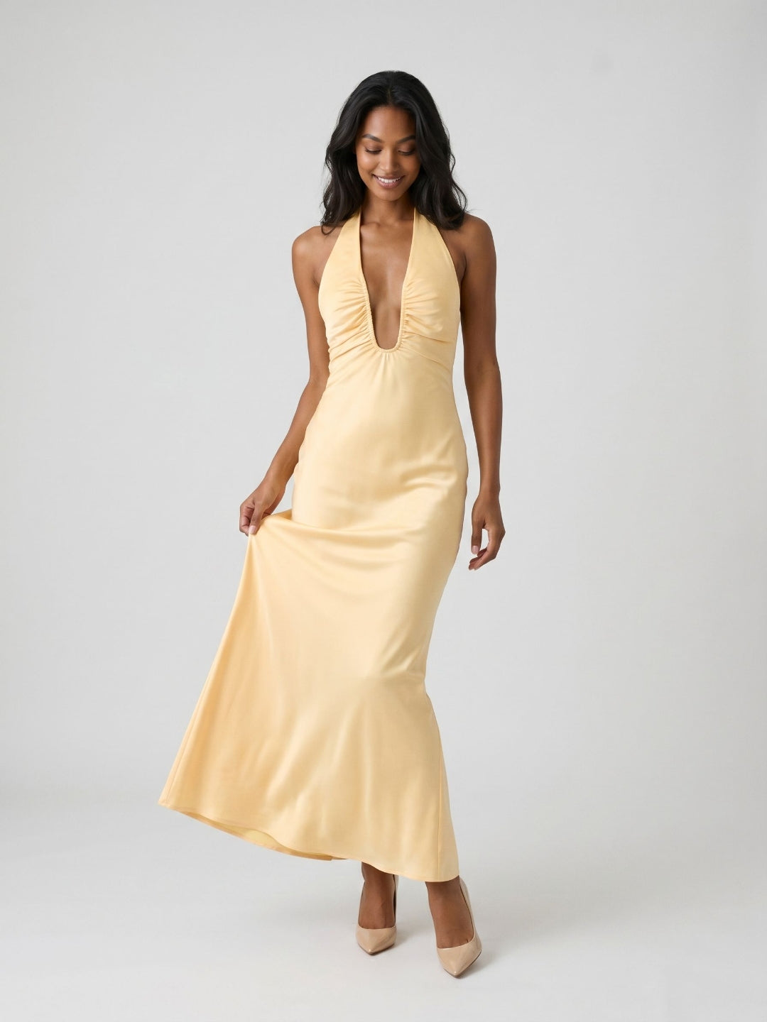 Butter Matte Satin Sheath V-Neck Backless Floor-Length Dress - Curvevia