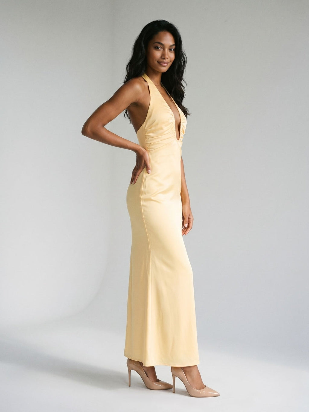Butter Matte Satin Sheath V-Neck Backless Floor-Length Dress - Curvevia
