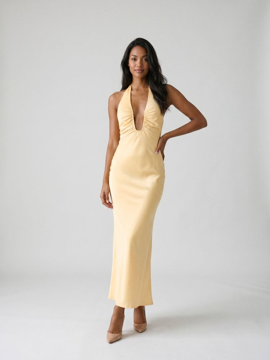 Butter Matte Satin Sheath V-Neck Backless Floor-Length Dress - Curvevia