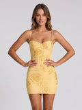 Butter Mesh Sheath Sweetheart Criss-Cross Straps Short Dress with 3D Flowers - Curvevia
