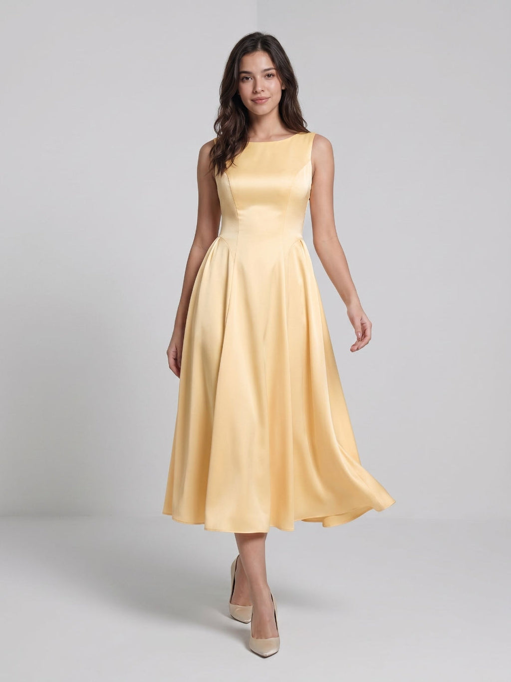 Butter Satin A-Line Scoop Neck Back Zip Tea-Length Dress - Curvevia