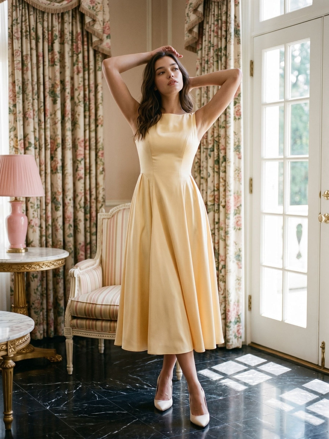 Butter Satin A-Line Scoop Neck Back Zip Tea-Length Dress - Curvevia