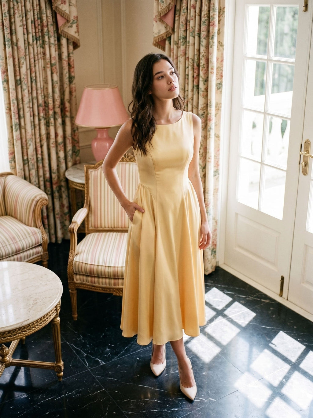 Butter Satin A-Line Scoop Neck Back Zip Tea-Length Dress - Curvevia