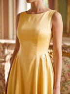 Butter Satin A-Line Scoop Neck Back Zip Tea-Length Dress - Curvevia