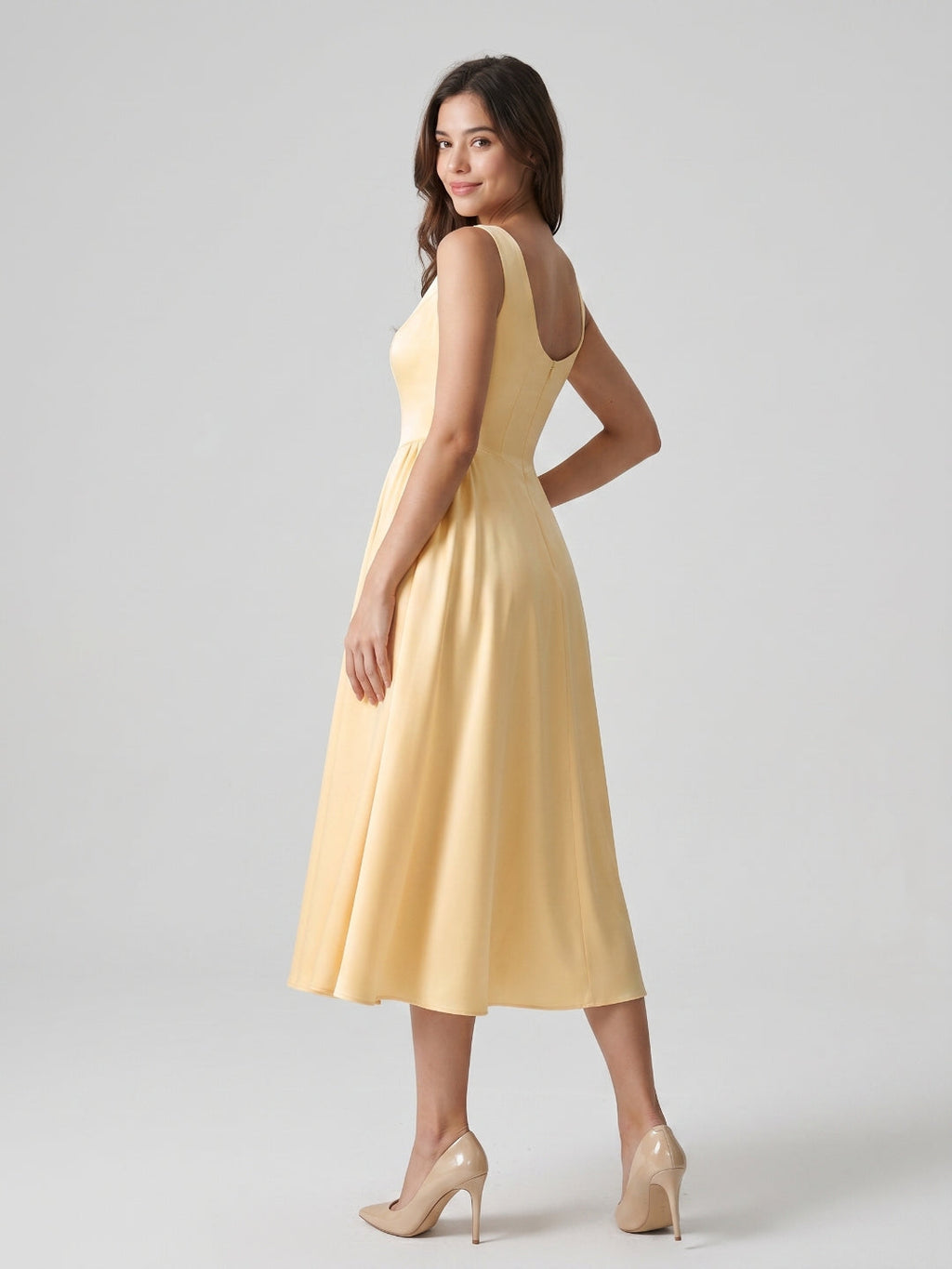 Butter Satin A-Line Scoop Neck Back Zip Tea-Length Dress - Curvevia