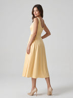 Butter Satin A-Line Scoop Neck Back Zip Tea-Length Dress - Curvevia