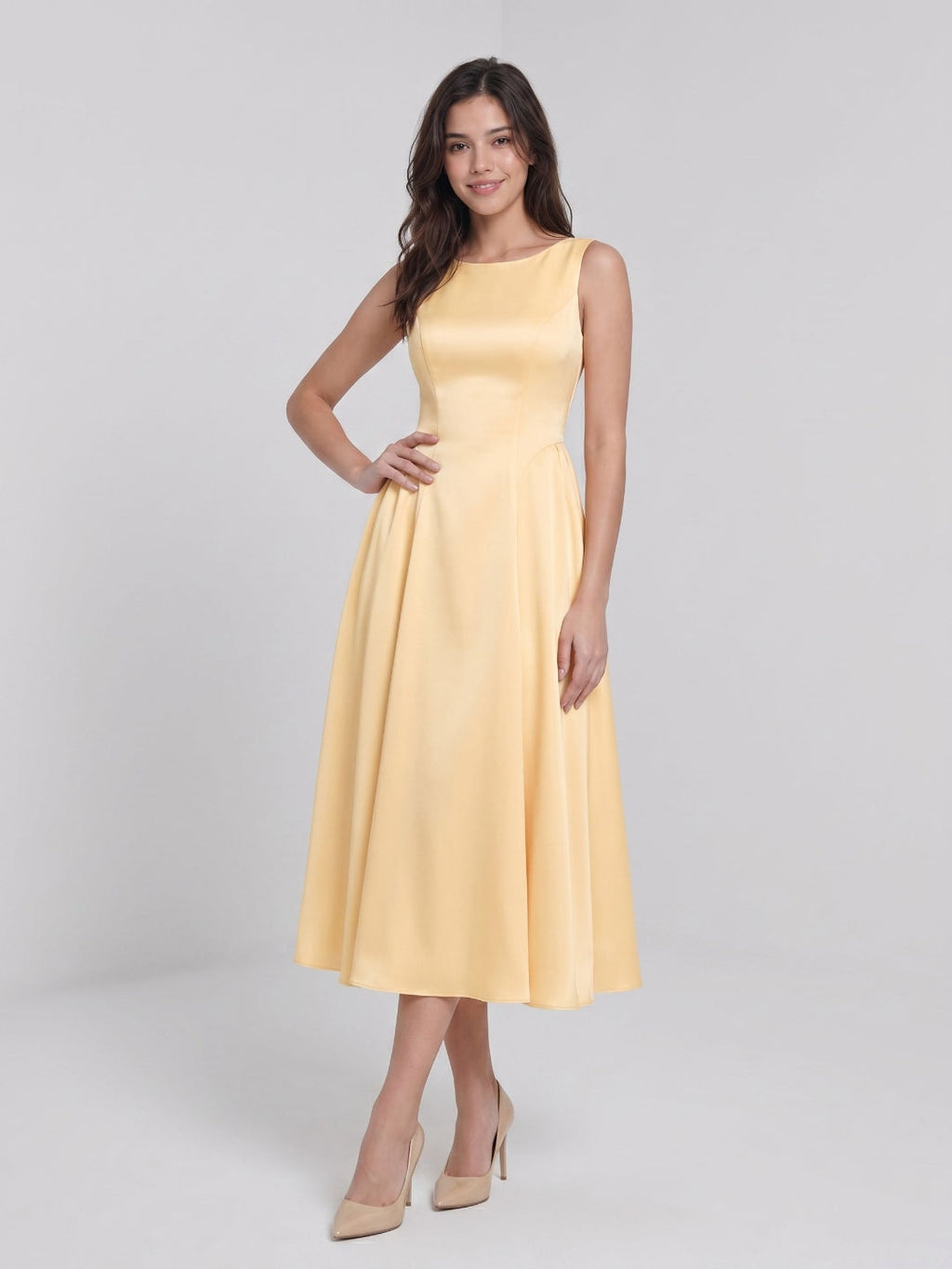 Butter Satin A-Line Scoop Neck Back Zip Tea-Length Dress - Curvevia
