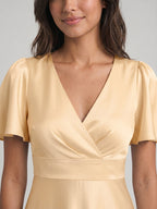 Butter Satin A-Line V-Neck Back Zip Floor-Length Bridesmaid Dress - Curvevia