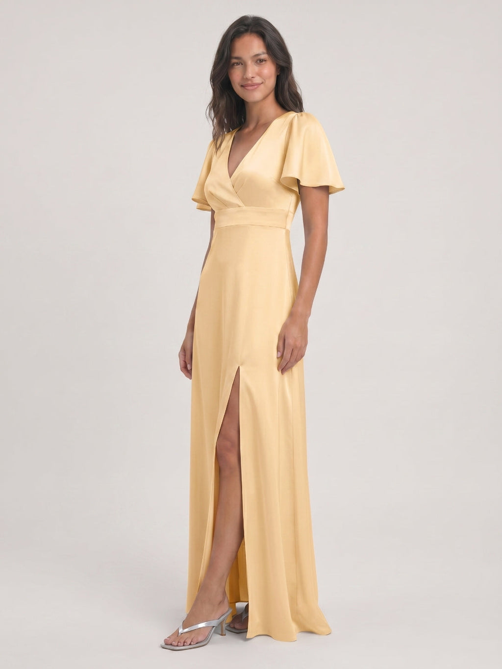 Butter Satin A-Line V-Neck Back Zip Floor-Length Bridesmaid Dress - Curvevia