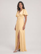 Butter Satin A-Line V-Neck Back Zip Floor-Length Bridesmaid Dress - Curvevia