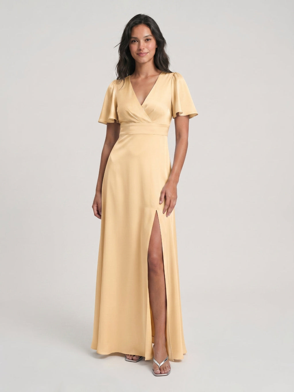 Butter Satin A-Line V-Neck Back Zip Floor-Length Bridesmaid Dress - Curvevia