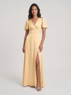 Butter Satin A-Line V-Neck Back Zip Floor-Length Bridesmaid Dress - Curvevia