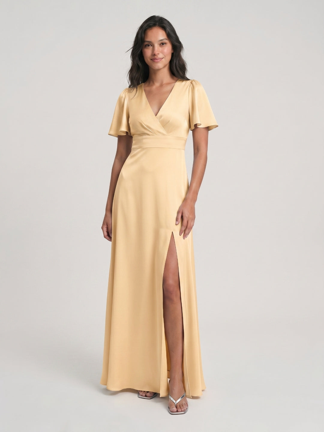 Butter Satin A-Line V-Neck Back Zip Floor-Length Bridesmaid Dress - Curvevia